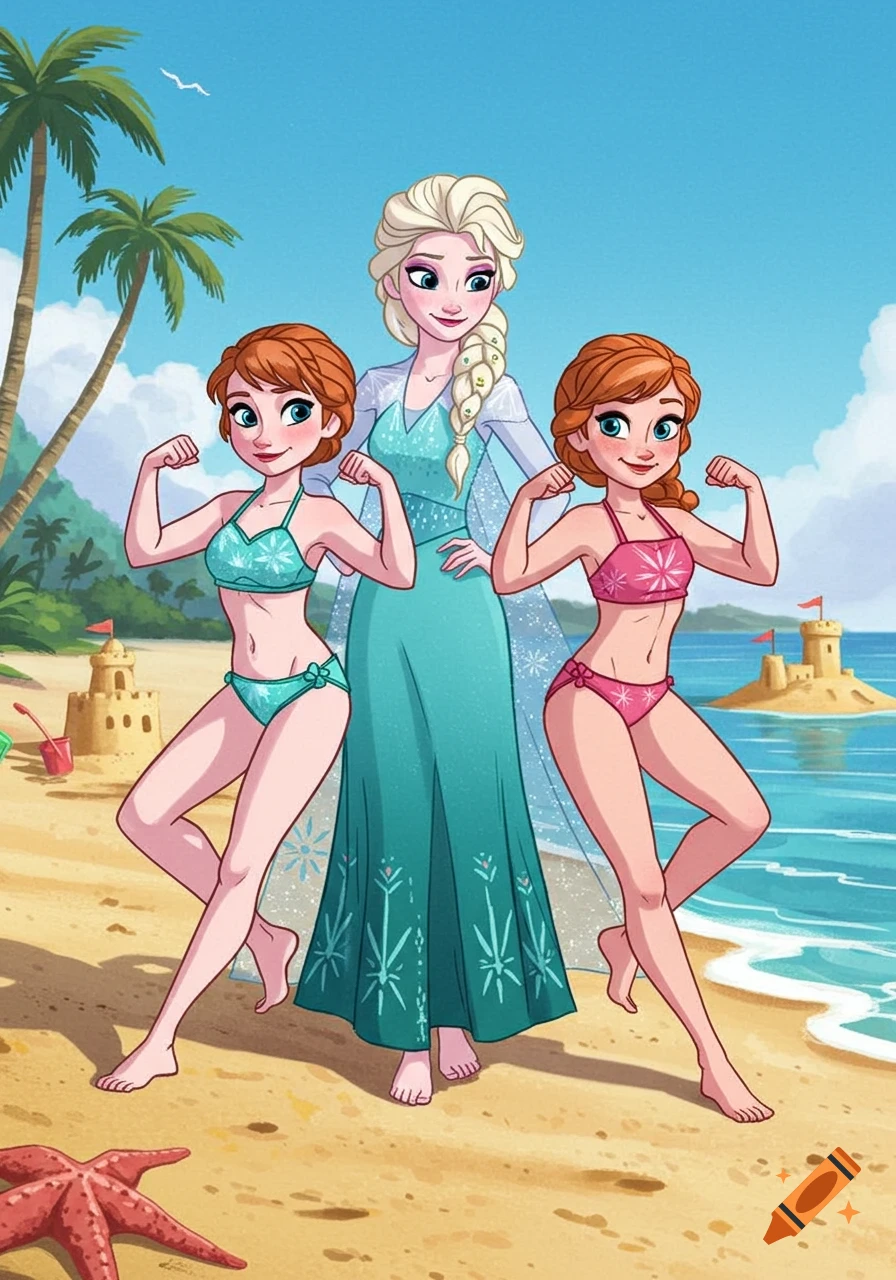 Cartoon of Elsa standing between two identical Anna-like characters on a sandy beach, all three smiling. The two Anna-like characters are in bikinis, flexing their arm muscles. Palm trees and sandcastles are in the background.
