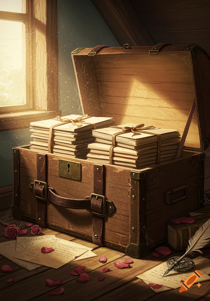 A wooden trunk filled with stacks of old letters, with scattered rose petals and a quill on a wooden floor, lit by sunlight from a window.