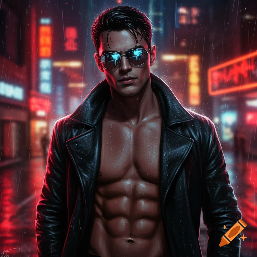 A stylized portrait of a fit young man with dark hair and sunglasses, wearing an open black leather coat in a rainy, neon-lit city street.