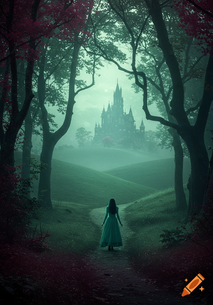 A lone figure walks a winding path through a misty, dark forest towards a gothic castle in the distance, bathed in greens, teals, and magentas.