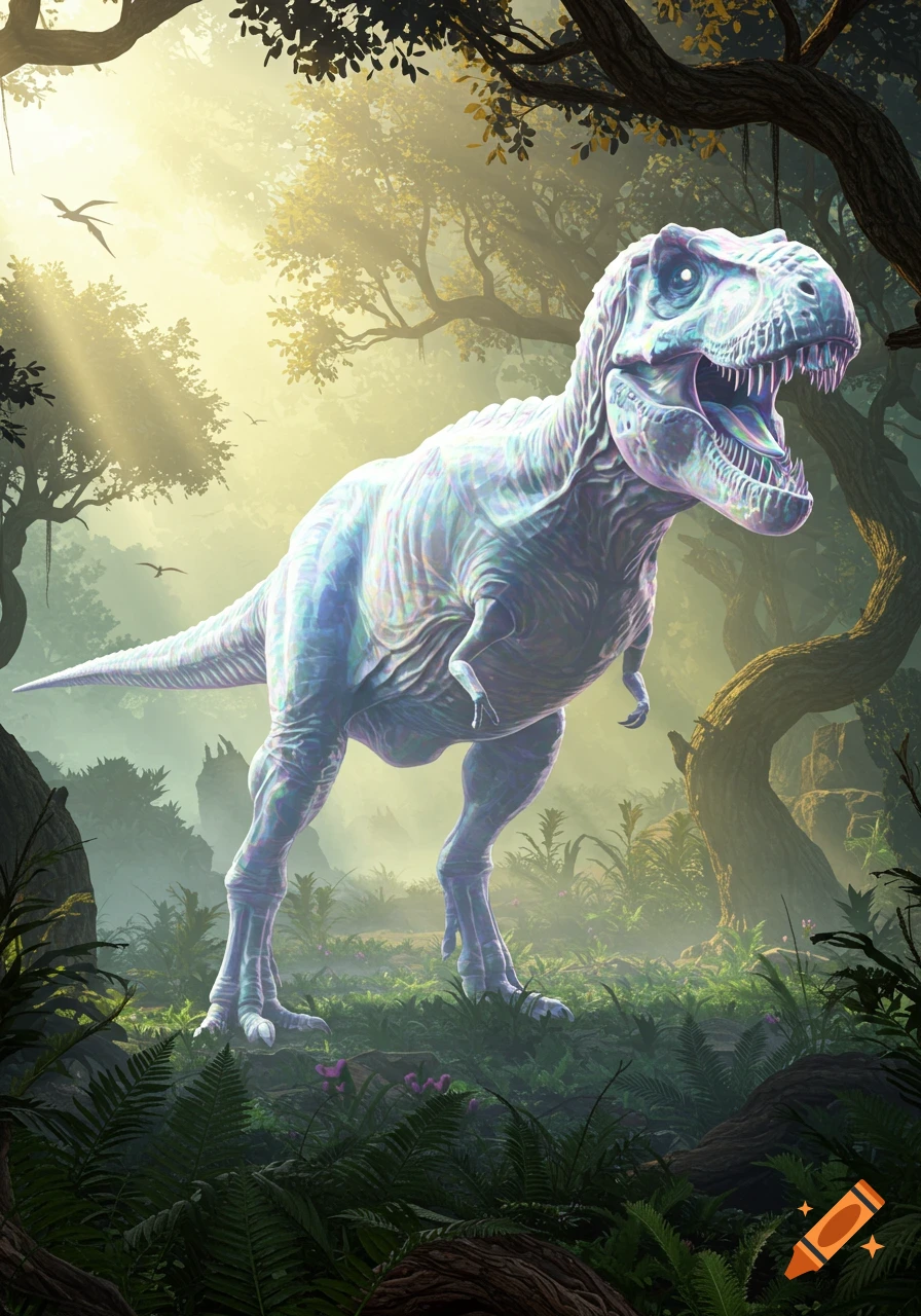 A large, iridescent Tyrannosaurus Rex stands in a lush, misty prehistoric jungle with light rays filtering through the canopy.