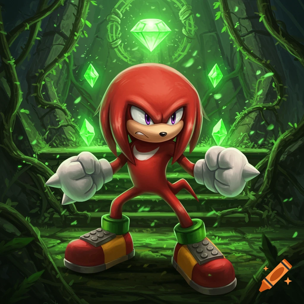 Knuckles the Echidna stands determined in a mystical jungle ruin, surrounded by glowing green emeralds.