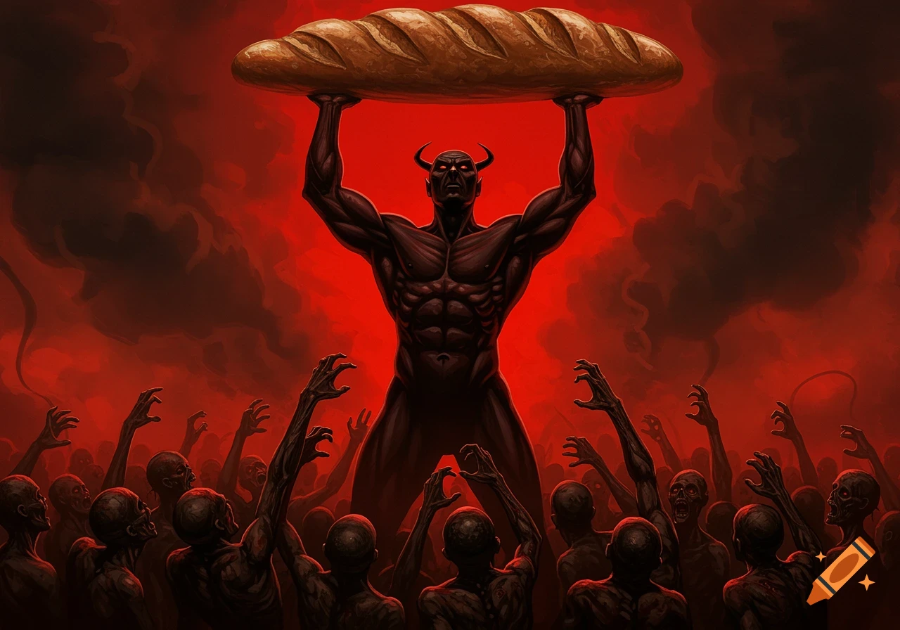 A muscular, horned demon raises a giant loaf of bread above his head while a crowd of reaching zombies surrounds him in a red, hazy, hellish landscape.