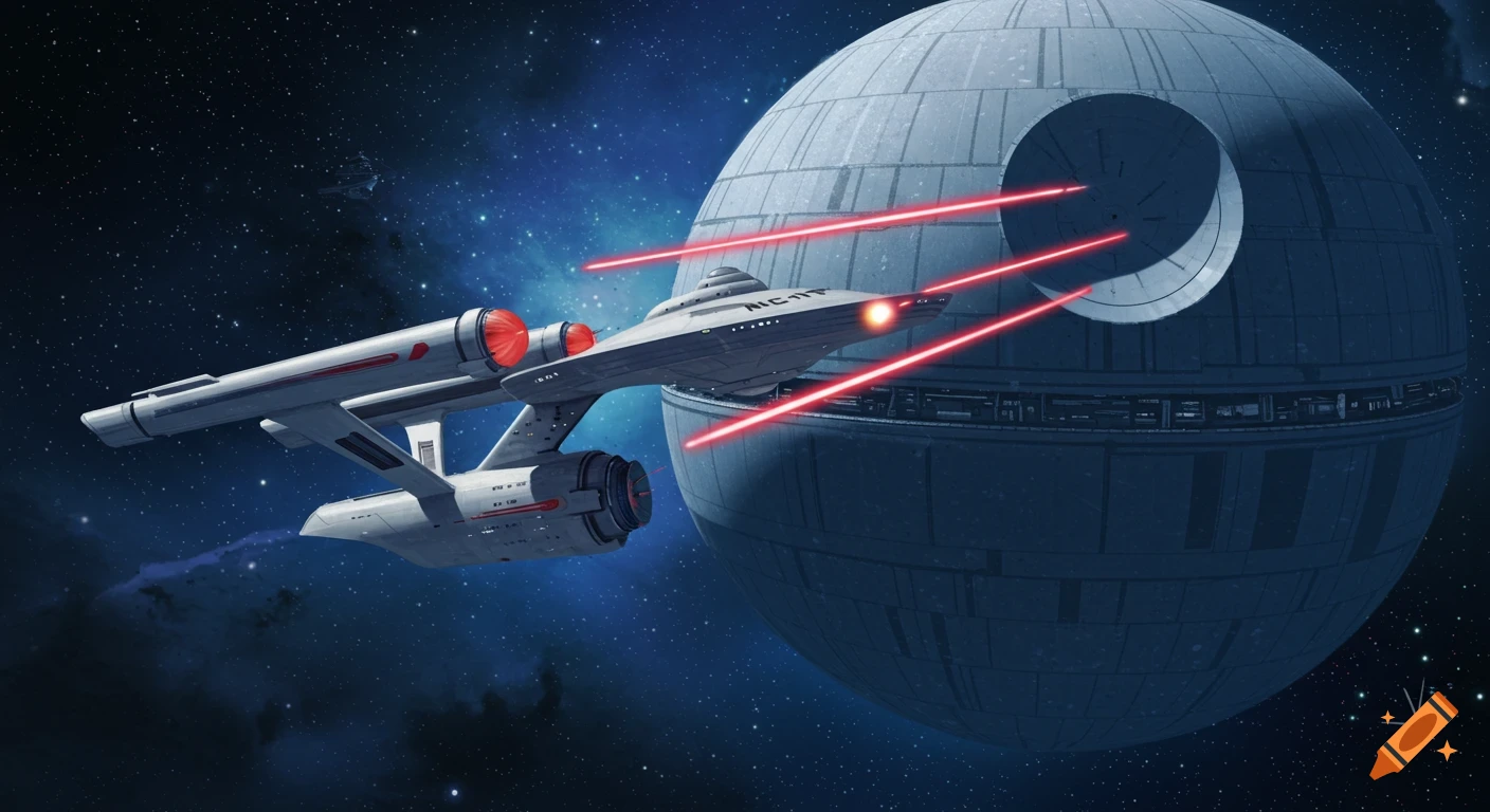 The Star Trek USS Enterprise NCC-1701 starship fires red phaser beams at the trench of the Star Wars Death Star in a space battle scene.