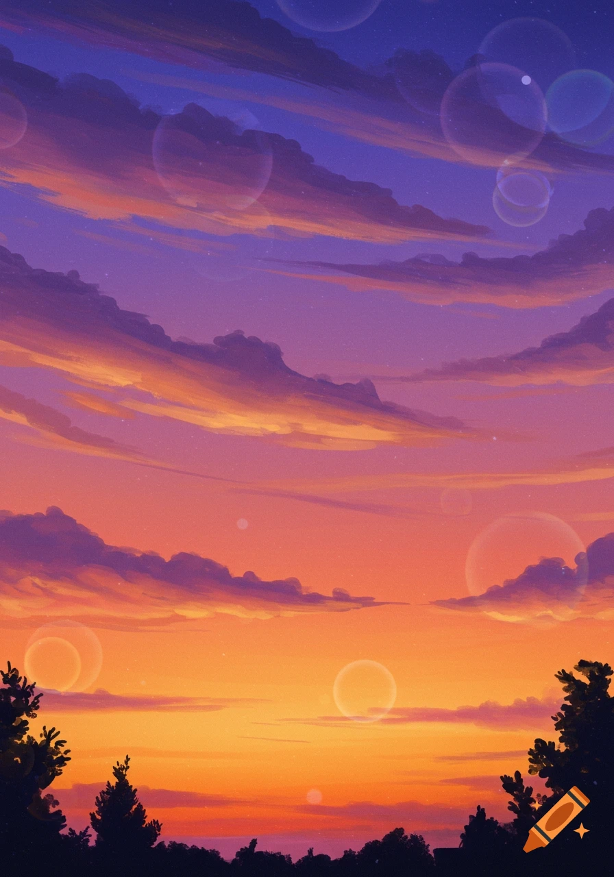A vibrant, painterly illustration of a sunset sky with orange, pink, and purple clouds, silhouetted trees, and circular light flares.