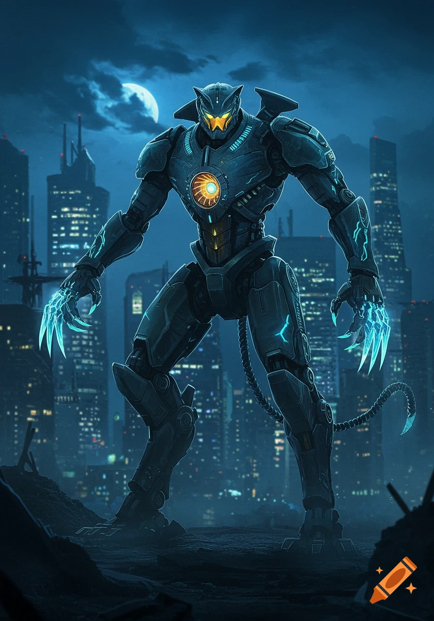A large, dark, panther-inspired mech with glowing orange eyes and blue energy claws stands in a futuristic city at night under a full moon.