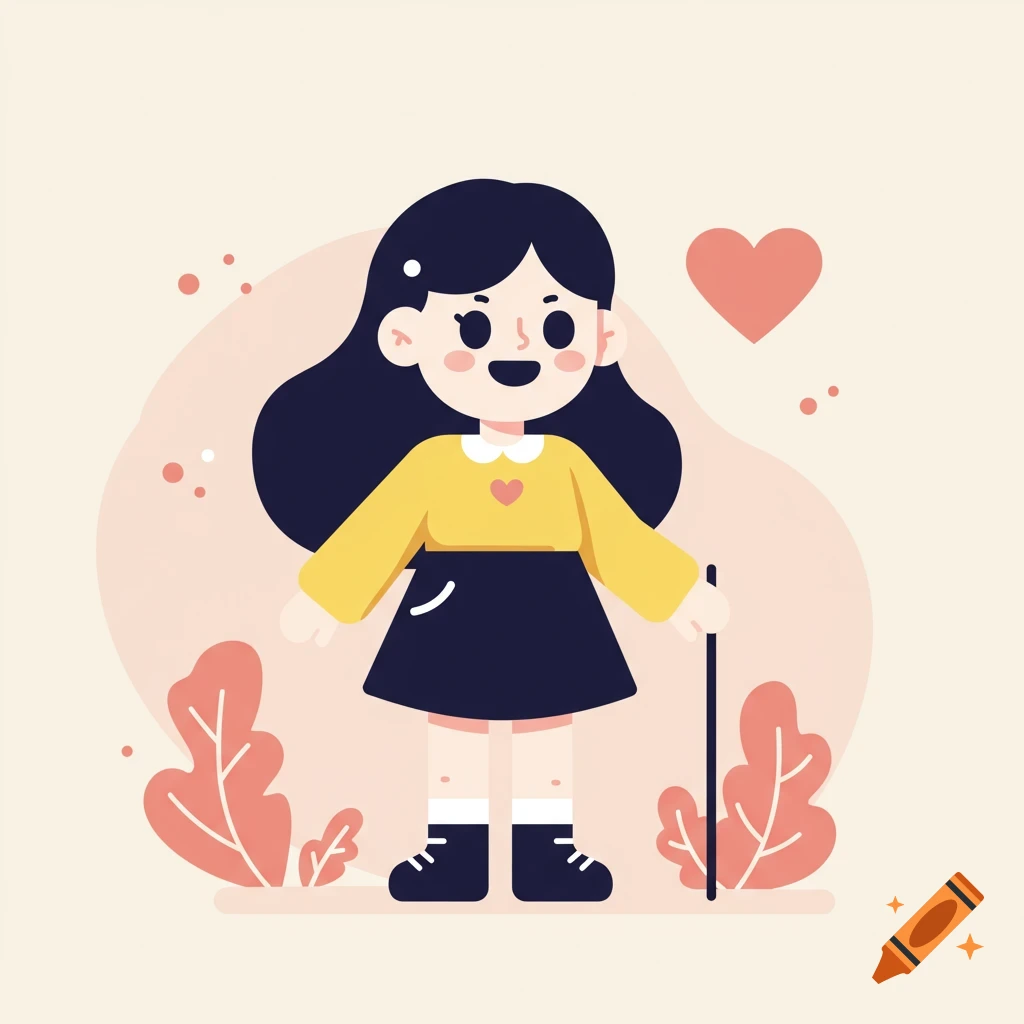 A flat illustration of a smiling cartoon girl with dark hair, yellow top, and black skirt, holding a stick. A heart floats above her.