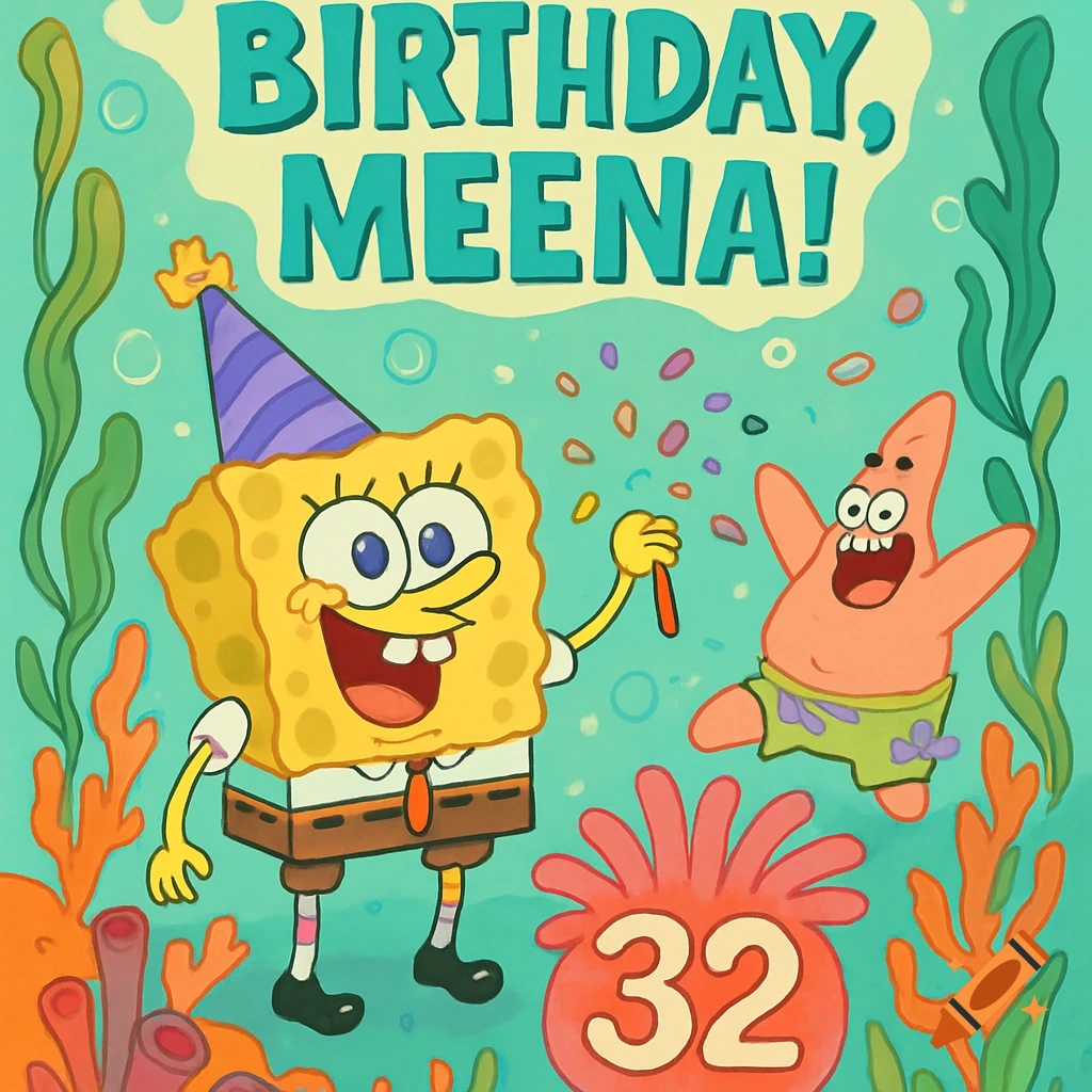 SpongeBob SquarePants and Patrick Star celebrate a birthday underwater with confetti. Text reads "BIRTHDAY, MEENA!" and "32".