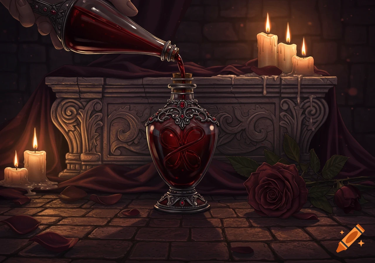 A hand pours red liquid into an ornate, heart-shaped vial on a stone table with lit candles, roses, and petals in a gothic setting.