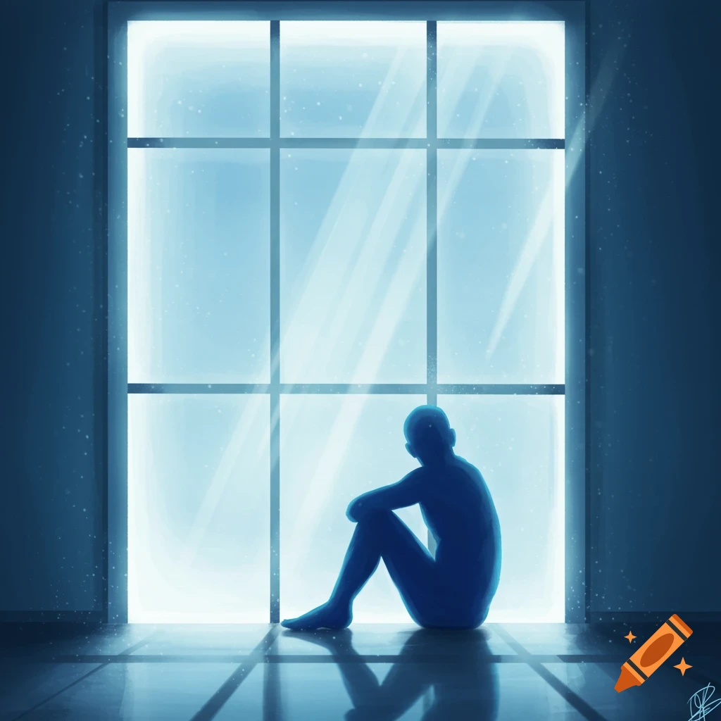 Blue silhouette of a person sitting by a large glowing window, light reflecting on the floor.