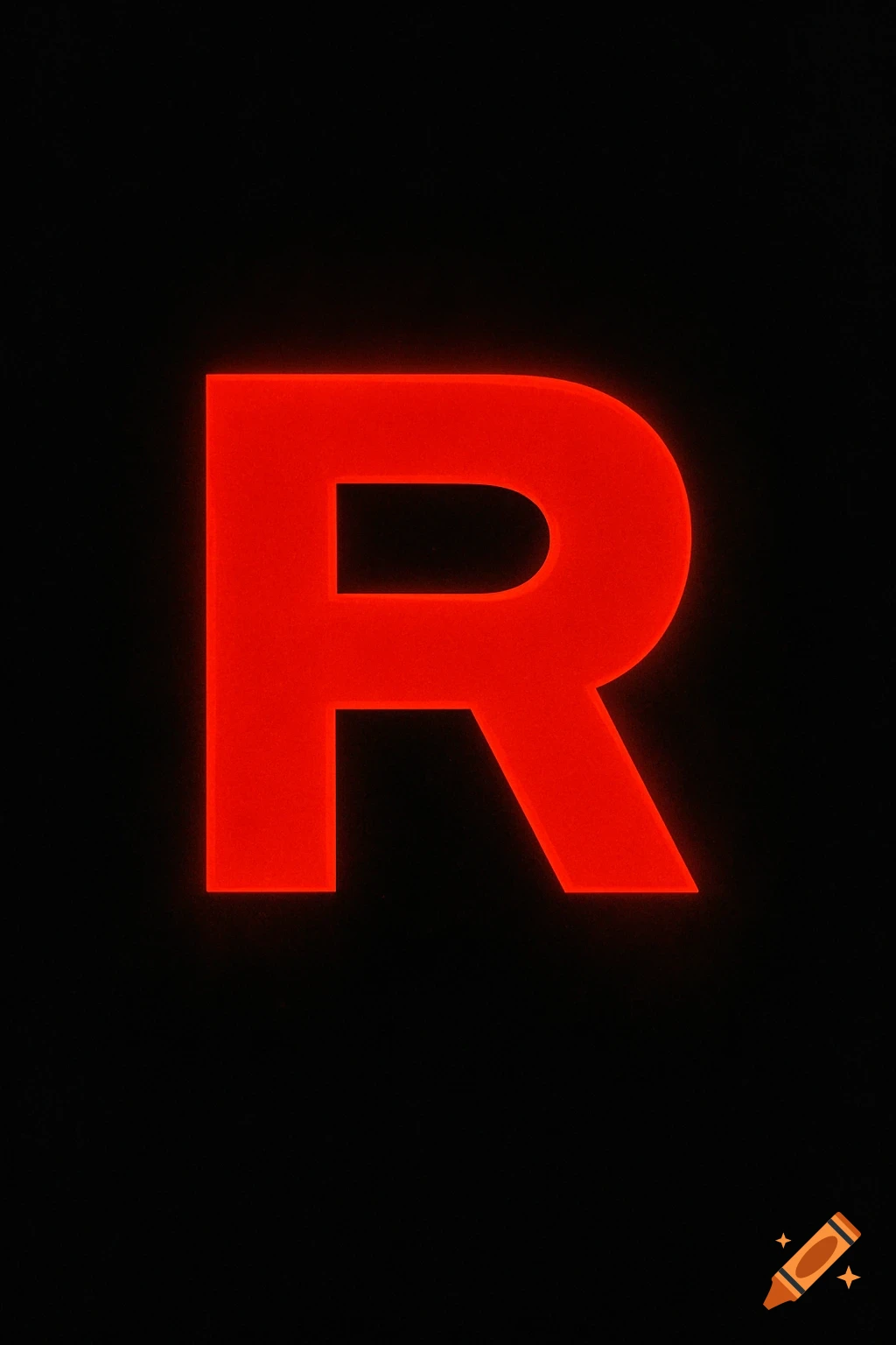 A prominent red letter R logo, resembling the Team Rocket symbol, against a stark black background.