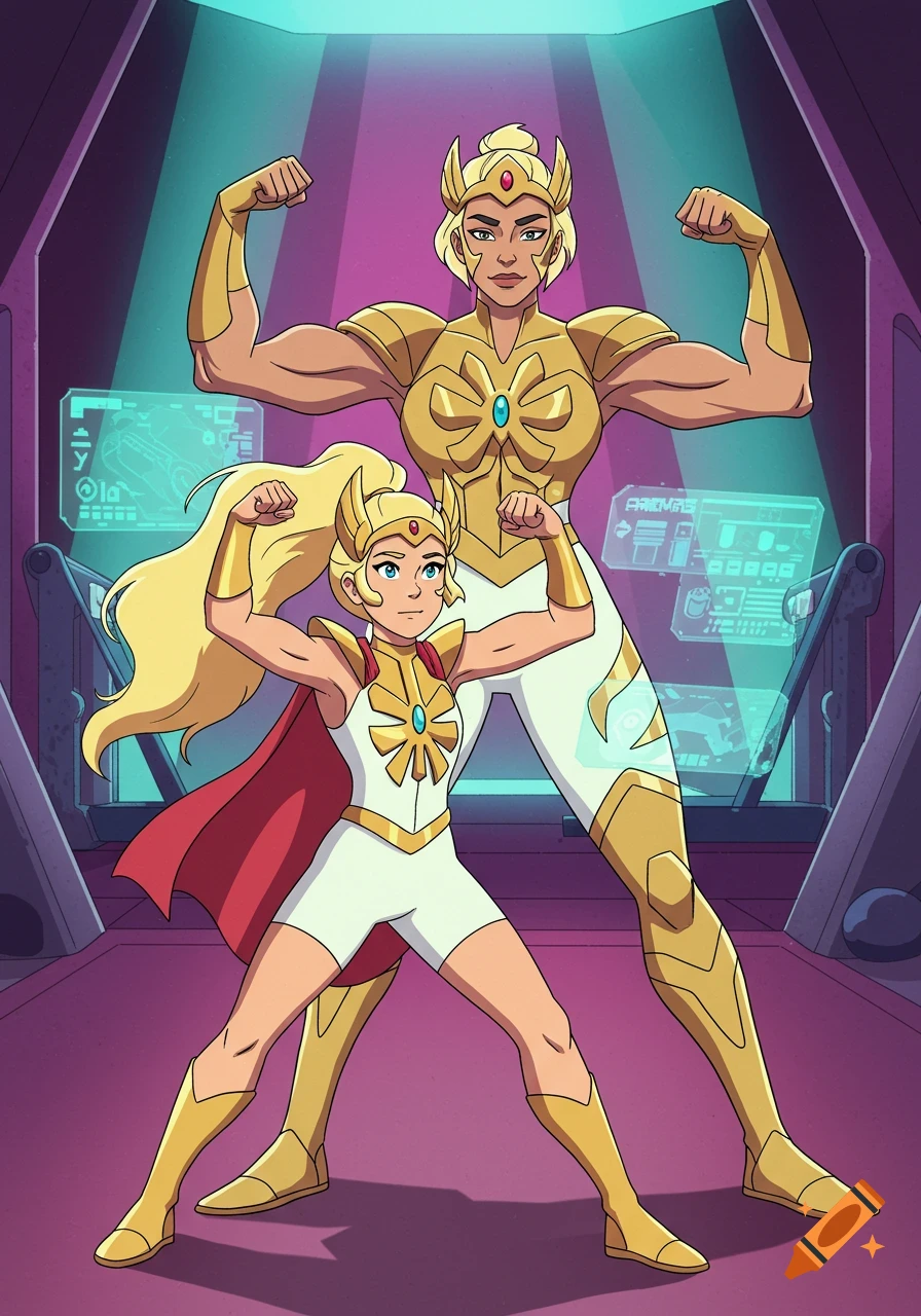 She-Ra and her mother, both in golden armored outfits, flex their muscles in a futuristic gym, in an animated style.