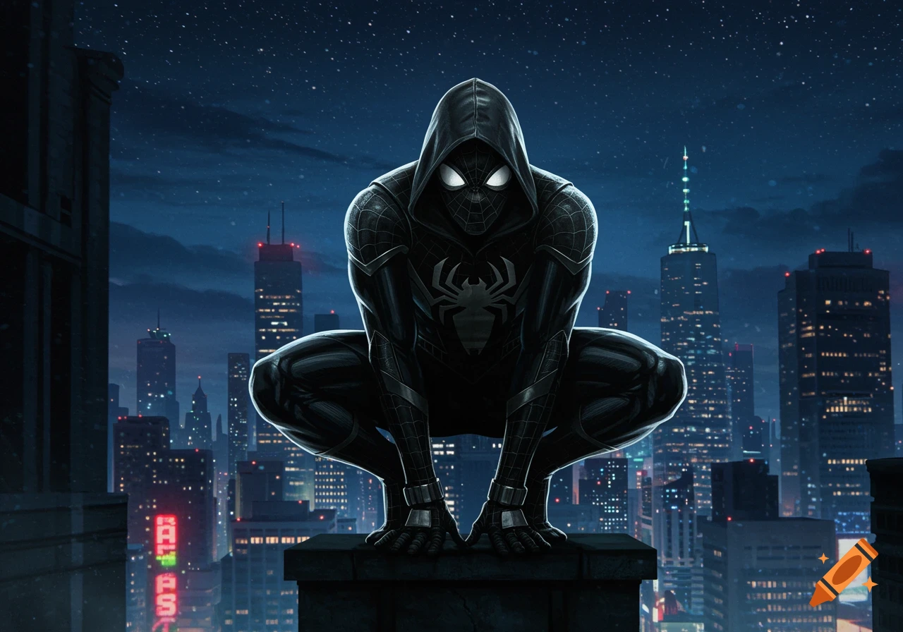 A hooded black-suited superhero with a white spider emblem crouches on a city rooftop at night, glowing white eyes, dark skyline.