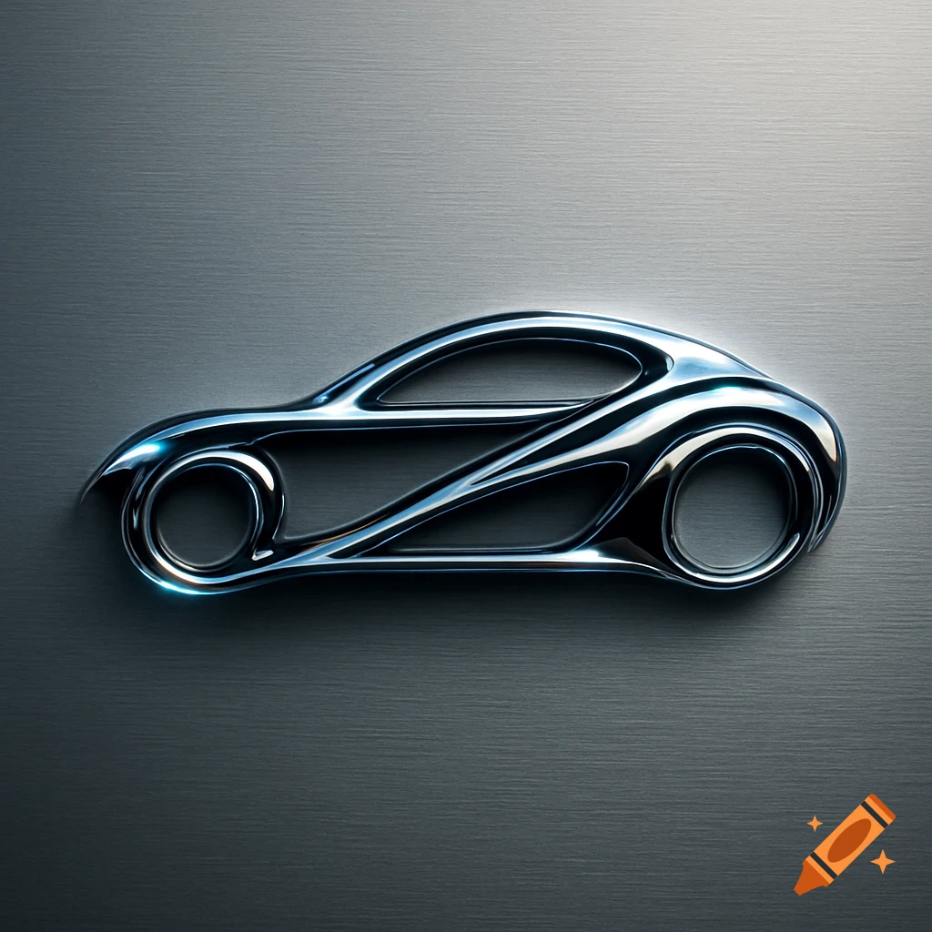 A sleek, chrome-like abstract car logo on a brushed metal background.