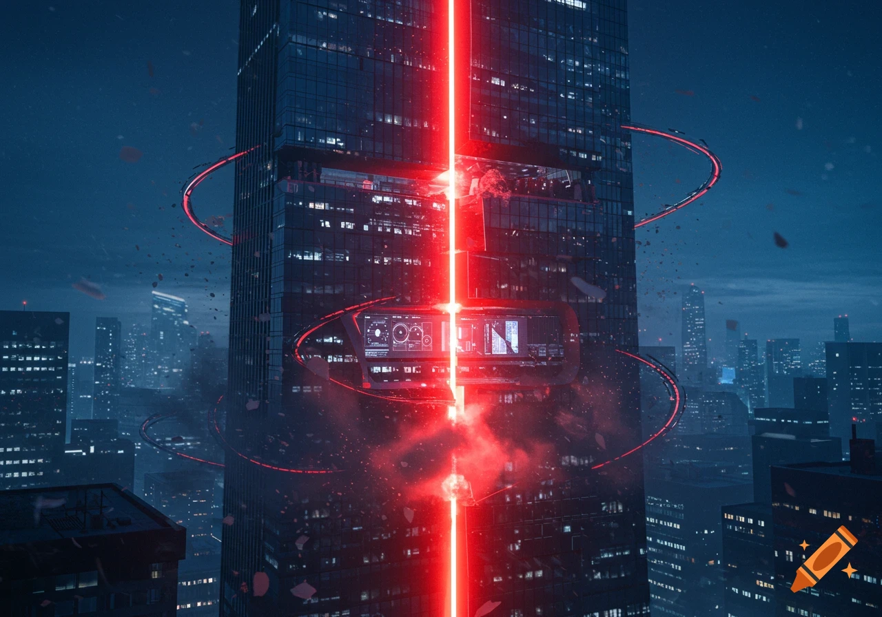 A futuristic skyscraper at night with a bright red laser beam piercing through its center, surrounded by glowing red rings and debris.