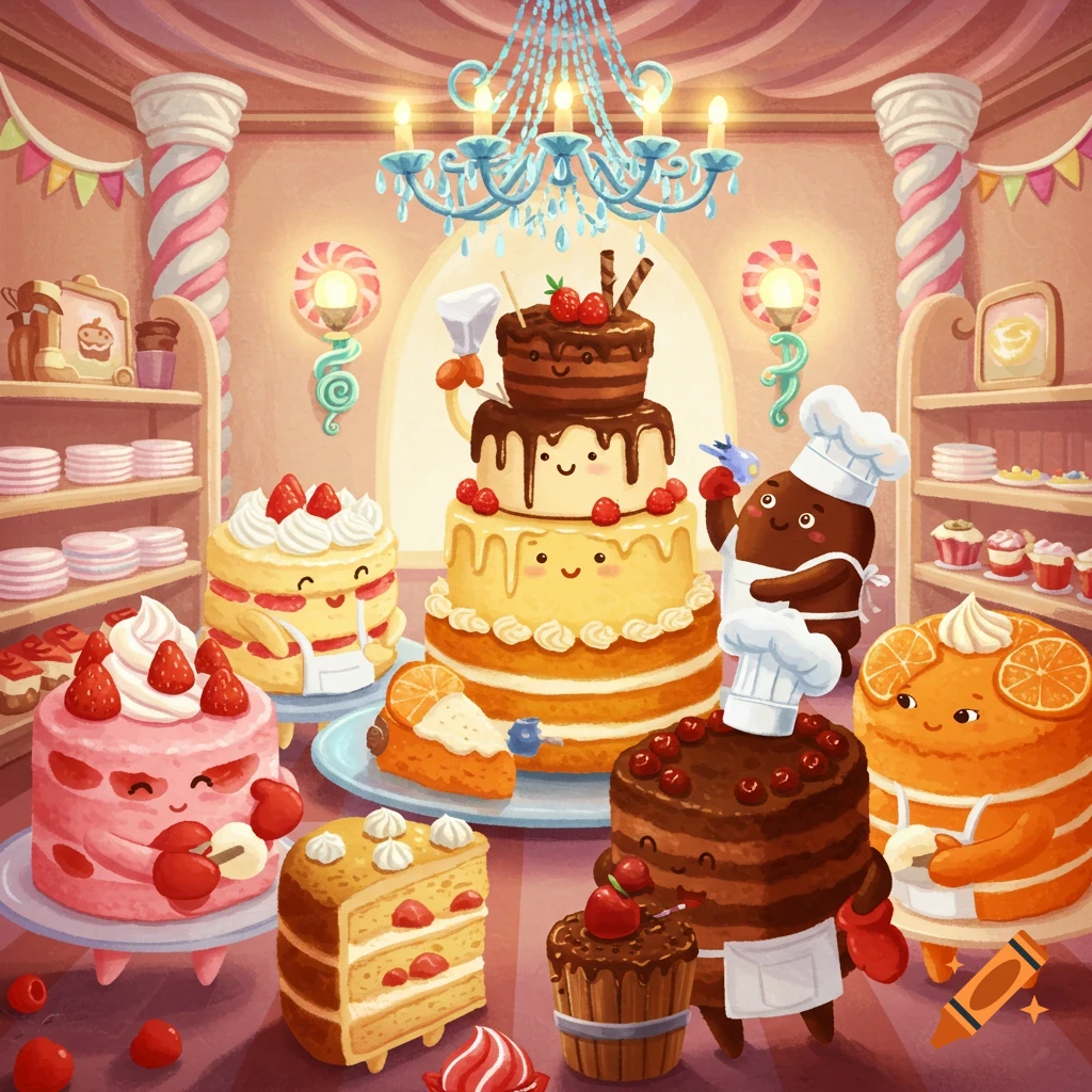 Whimsical cartoon illustration of a bustling candy bakery with anthropomorphic cakes baking and interacting, surrounded by sweets and pastries.