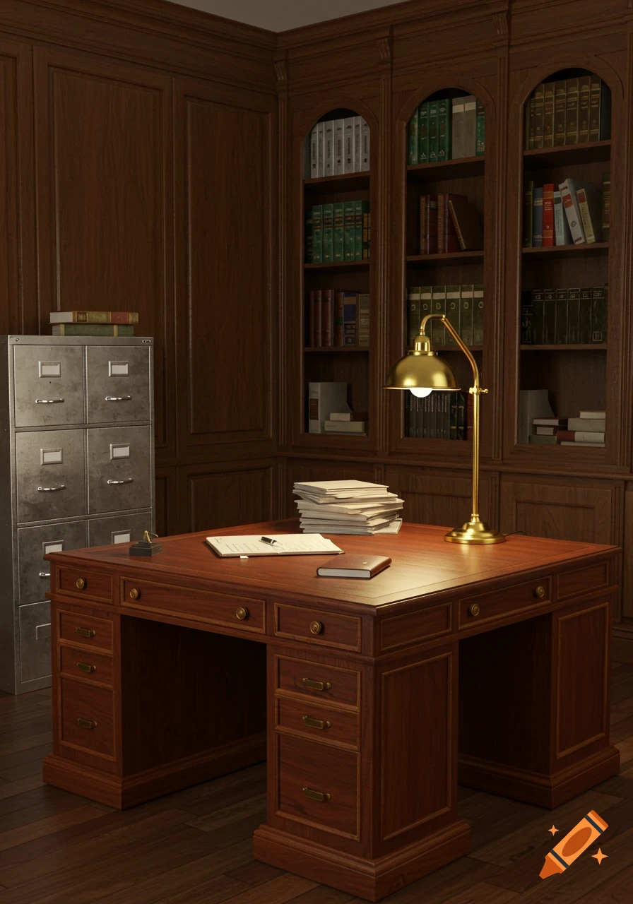 A well-appointed office with a large wooden desk, a brass lamp, a filing cabinet, and a bookshelf filled with books.