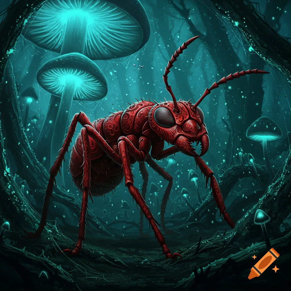 A large red ant-like creature with glowing eyes stands in a dark, mystical forest with glowing blue mushrooms, fantasy art style.