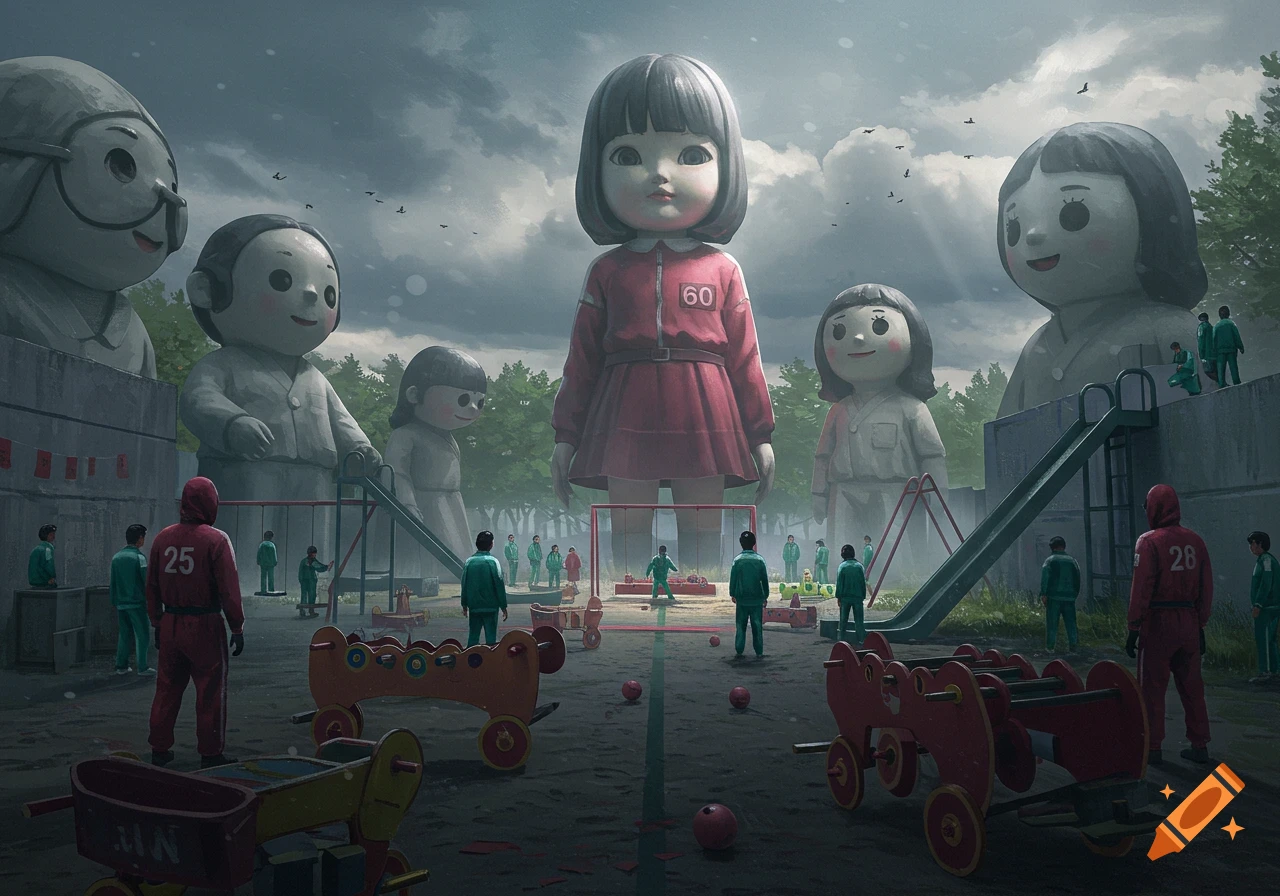 A surreal playground scene with giant dolls and people in red and green uniforms, inspired by Squid Game.