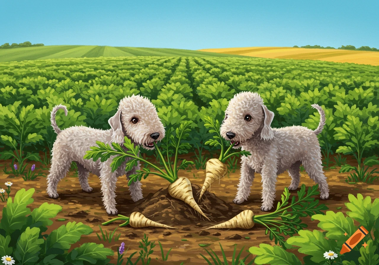 Two fluffy Bedlington Terriers stand in a parsnip field with unearthed parsnips. The illustrative scene features rows of green crops under a blue sky.