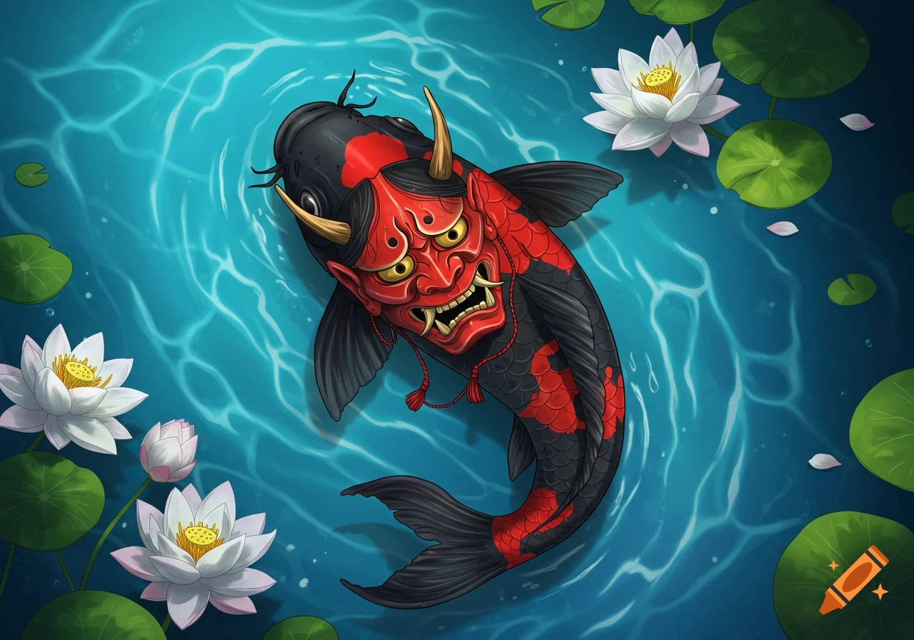 A black and red koi fish with a red oni mask swims in blue water with white lotus flowers and green lily pads.