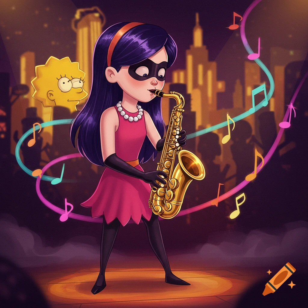 Violet from The Incredibles in a pink dress and mask playing a saxophone on stage with Lisa Simpson's head in the background.
