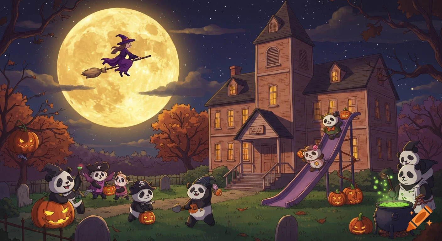 A vibrant cartoon Halloween scene at night with a large school building, a full moon, and a witch flying on a broom. Cute pandas in various costumes play around pumpkins and a cauldron.