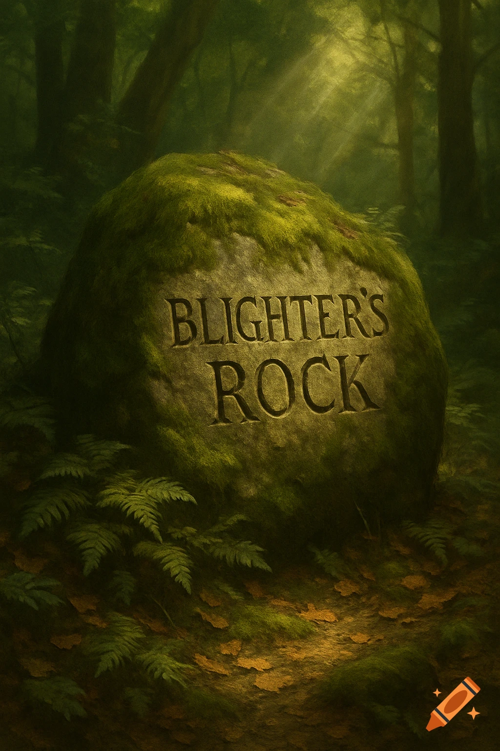 A moss-covered rock with 'BLIGHTER'S ROCK' carved into it, bathed in sunbeams within a dark forest.