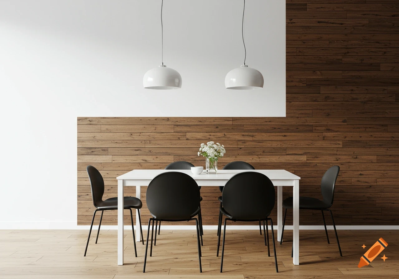 A modern dining room with a white table and black chairs, wood plank wall, and wood floor.