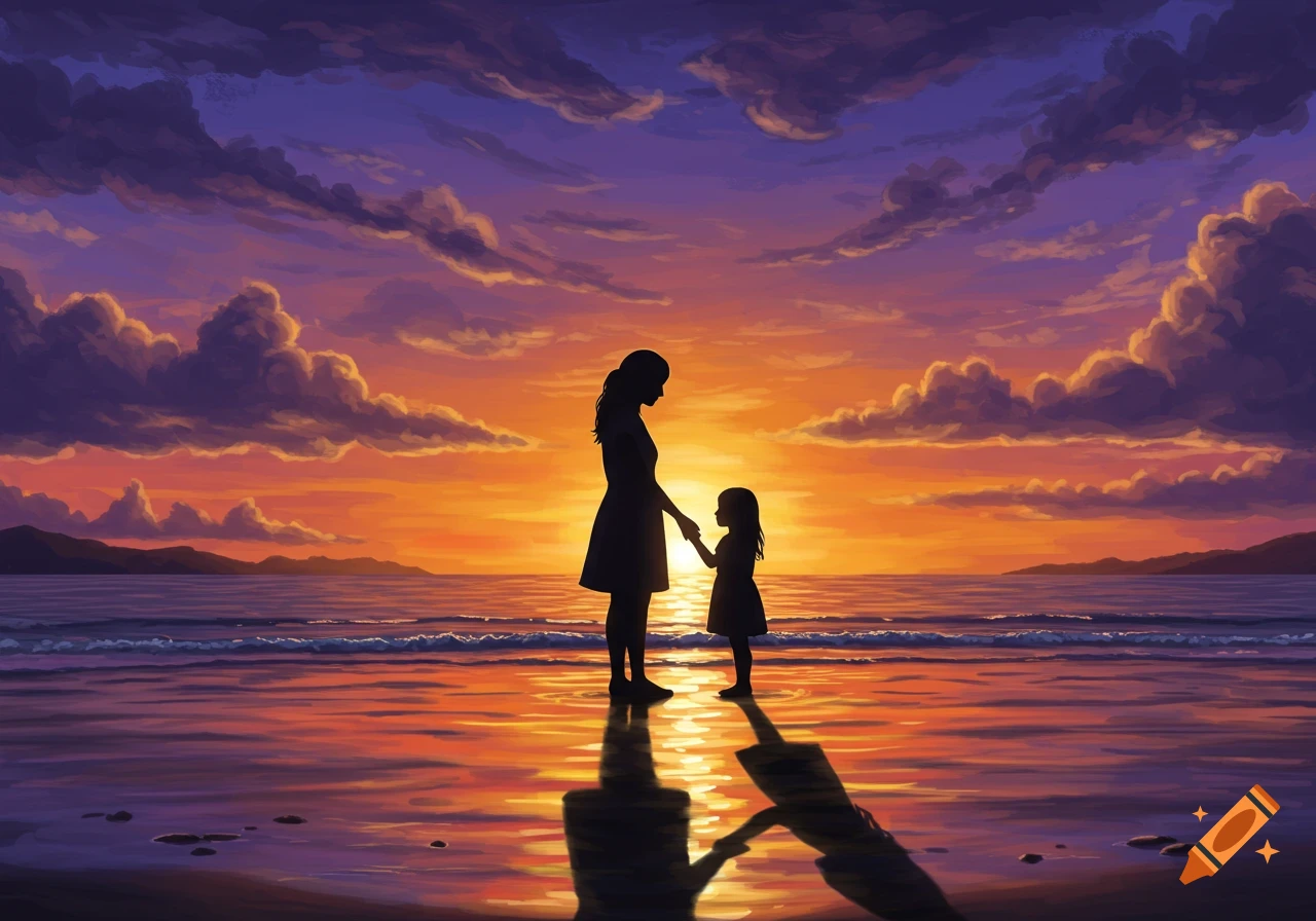 A silhouette of a mother and child holding hands on a beach at sunset, with vibrant orange and purple skies reflected on the water.