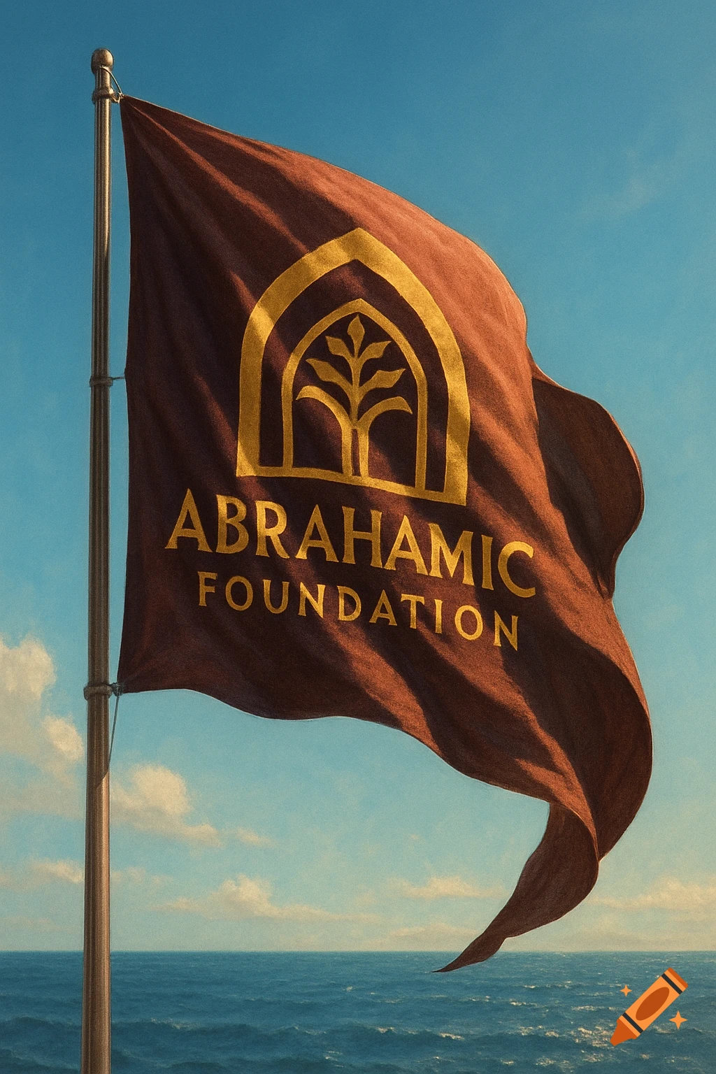Brown flag with a gold "Abrahamic Foundation" logo and text waving against a blue sky over the ocean.