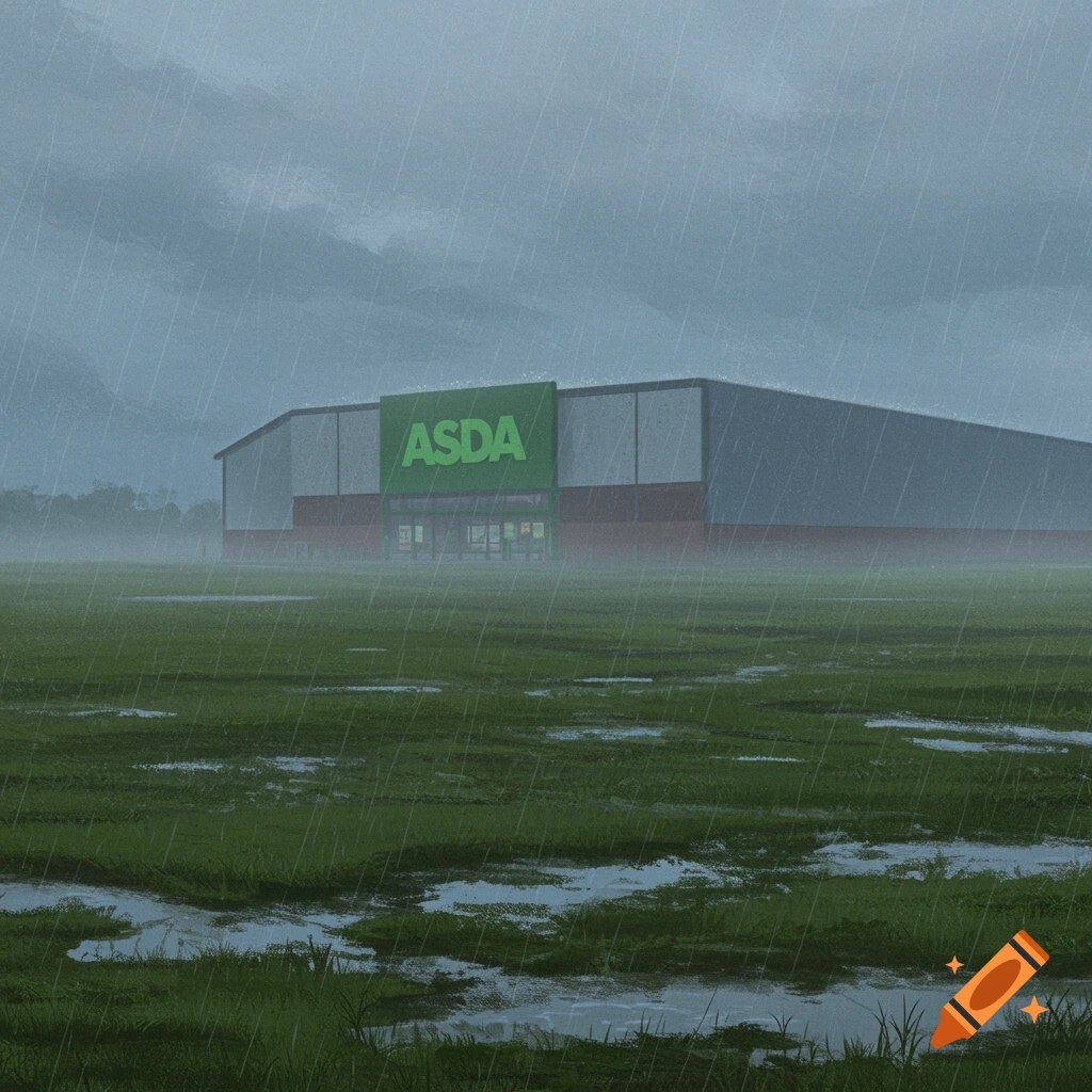 An ASDA supermarket building in a rainy, muddy field under a cloudy sky, in an illustrative style.