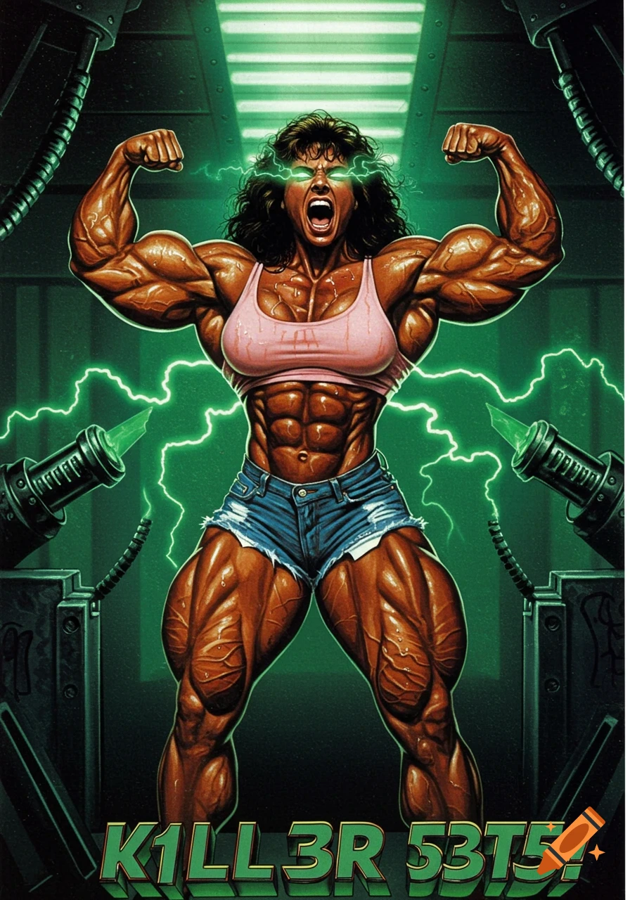 Muscular female bodybuilder flexes in a futuristic chamber with green electricity, screaming under the title 'K1LL3R 53T5!' in a horror movie poster style.