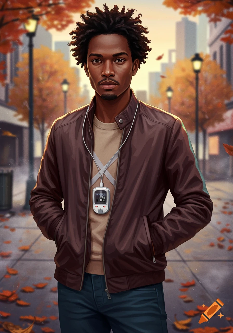 A Black man with curly hair wears a brown jacket and a medical device on a street with autumn leaves and city buildings in the background.
