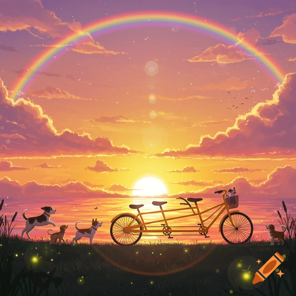 An illustration of a sunset over water with a rainbow, a tandem bicycle, and multiple dogs in the foreground.