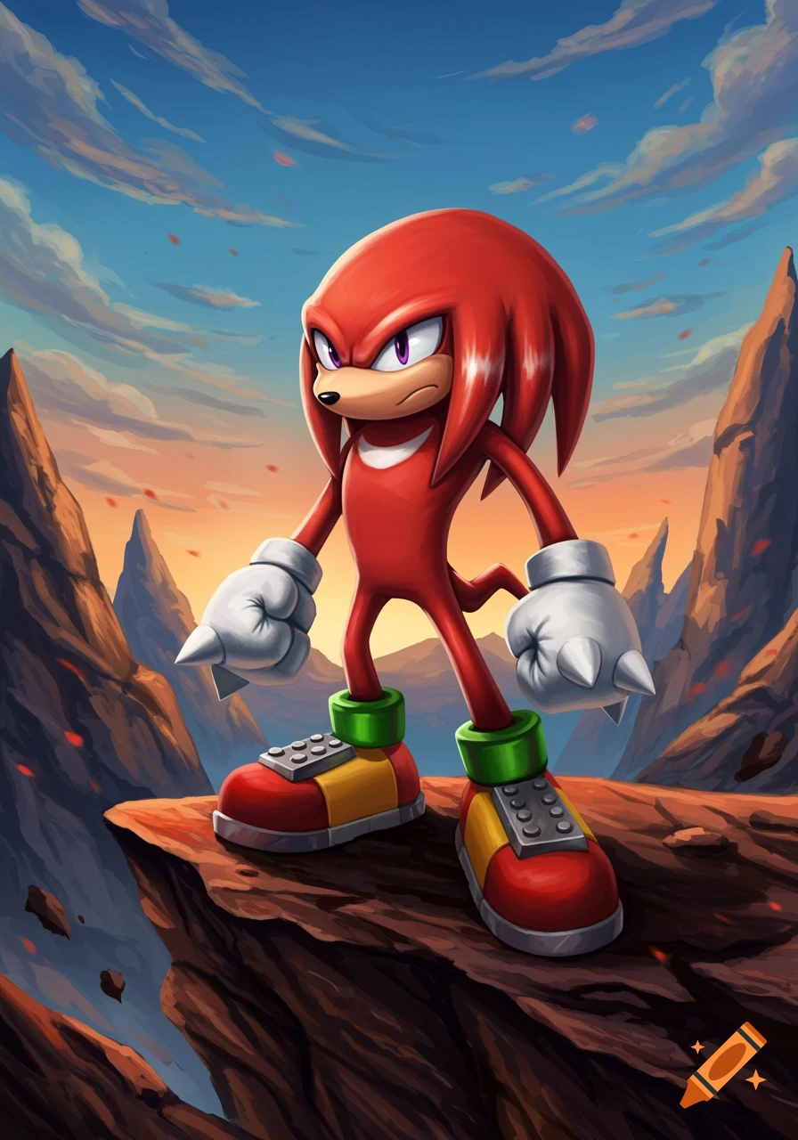 Knuckles the Echidna stands confidently on a rocky cliff at sunset in a stylized digital painting.