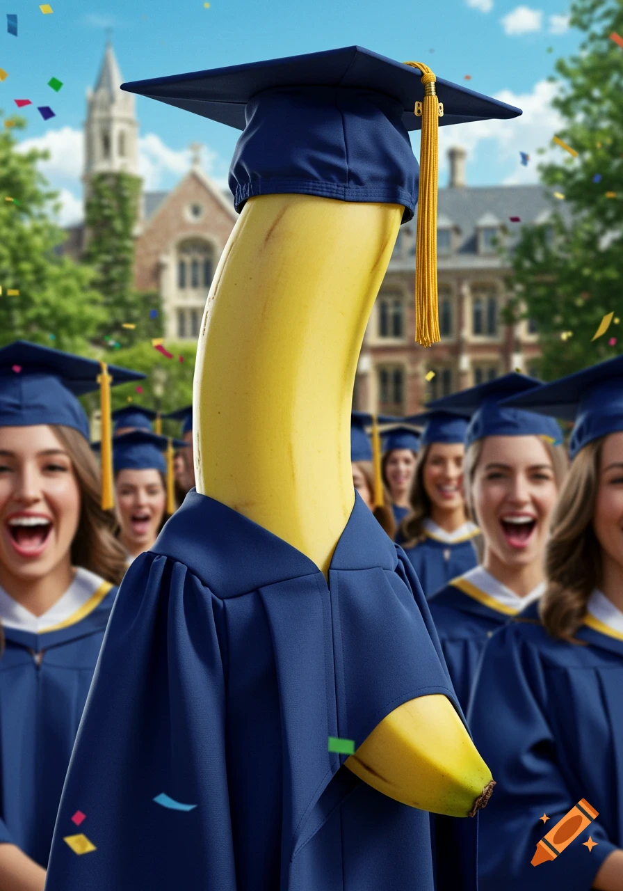 A photorealistic banana in a blue graduation cap and gown among smiling college students at a graduation ceremony.