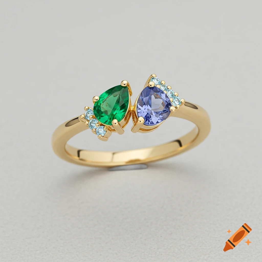 A gold ring featuring a pear-shaped emerald and a pear-shaped tanzanite gemstone, accented with small aquamarines.