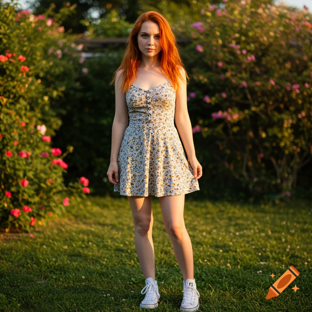 A photorealistic image of a young woman with bright red hair standing in a garden, wearing a sundress and white Converse shoes.