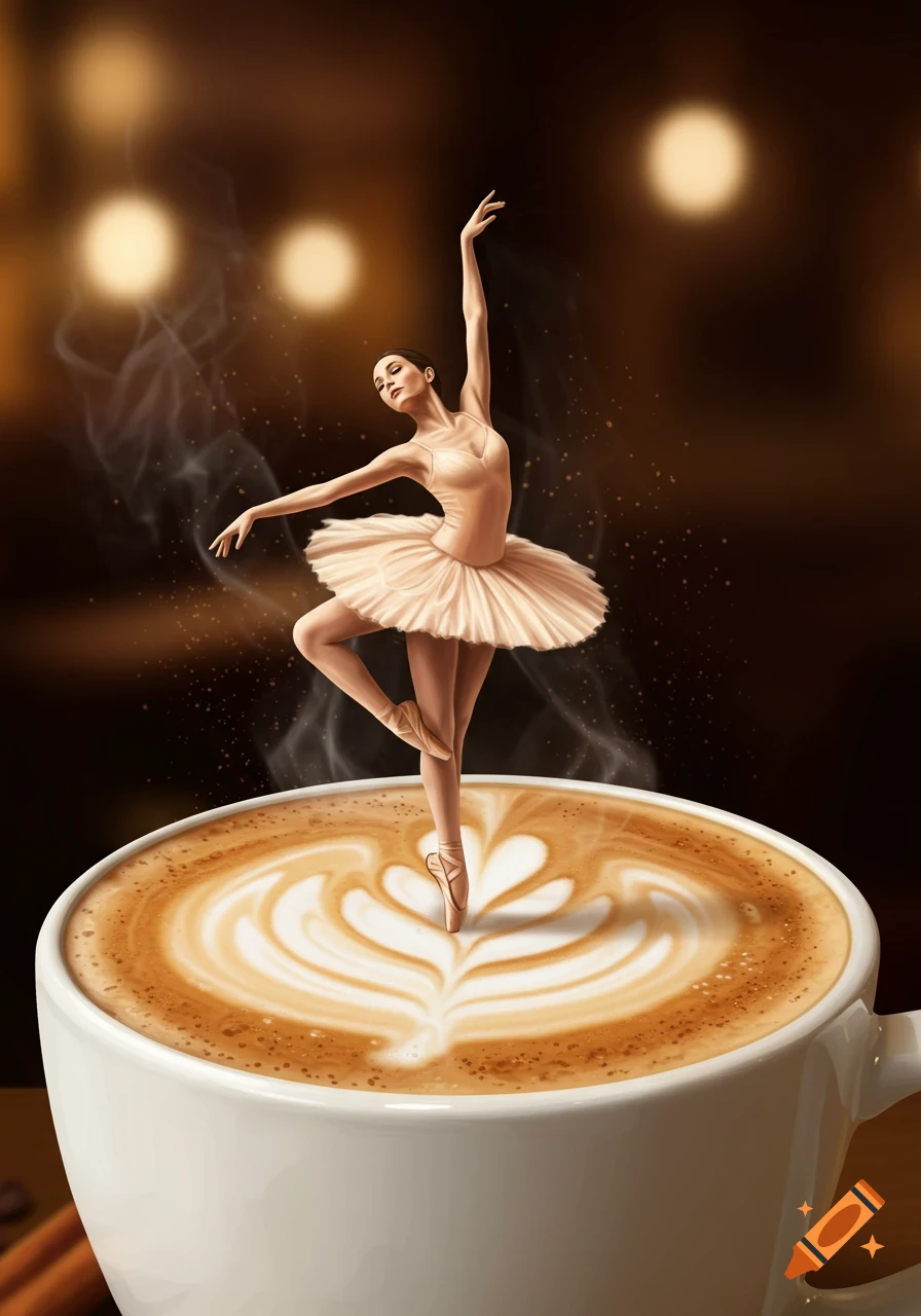 A graceful ballerina dances en pointe on heart-shaped latte art in a cappuccino cup, with steam rising.