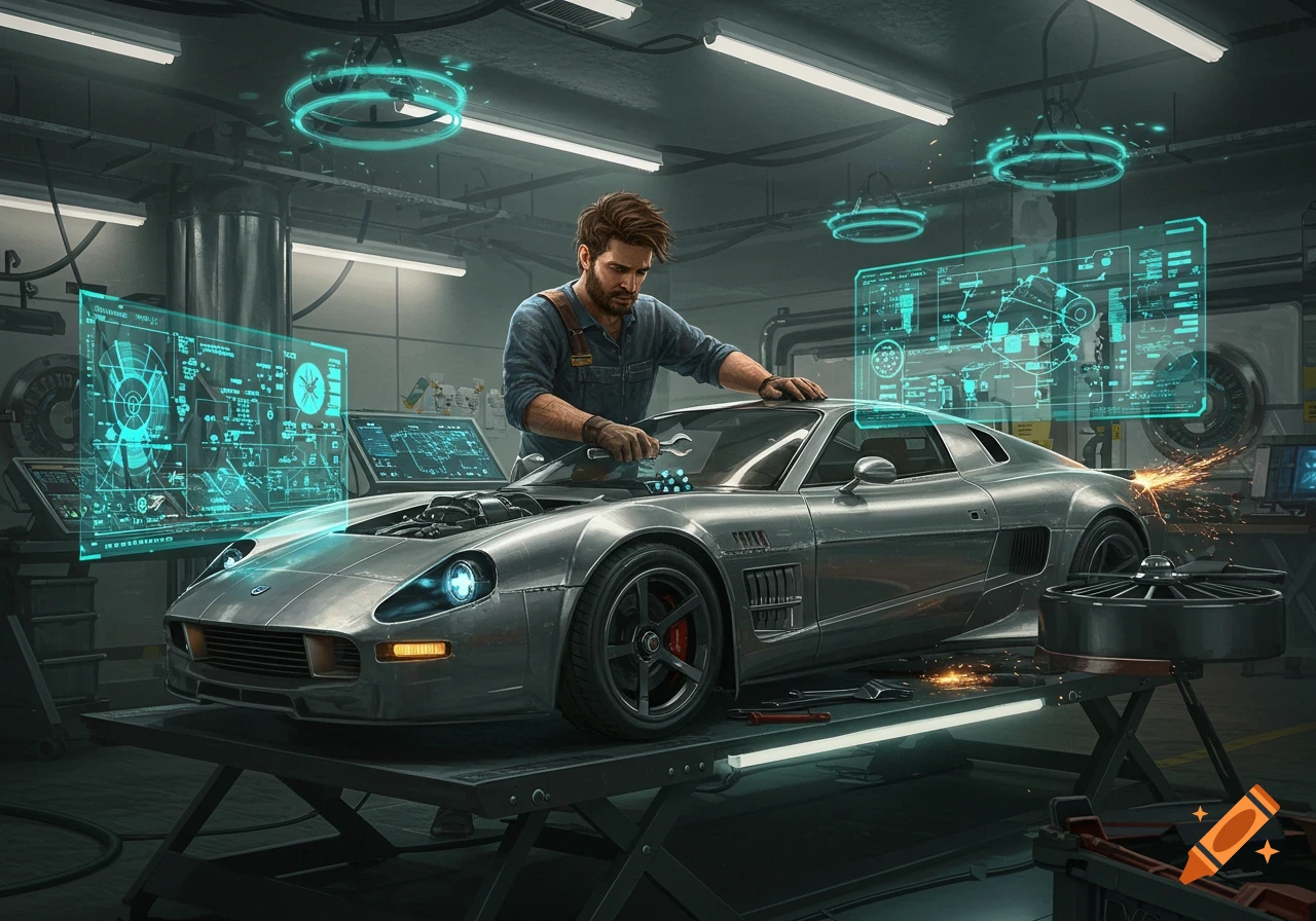A bearded man works on a sleek silver sports car in a futuristic garage filled with glowing blue holographic displays.