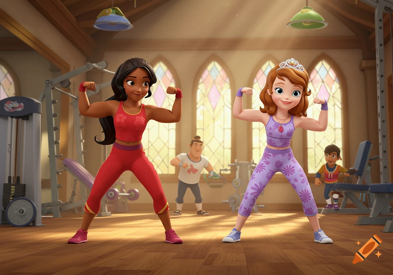 Animated characters Elena of Avalor and Sofia the First flex their muscles in a gym, with two boys in the background.