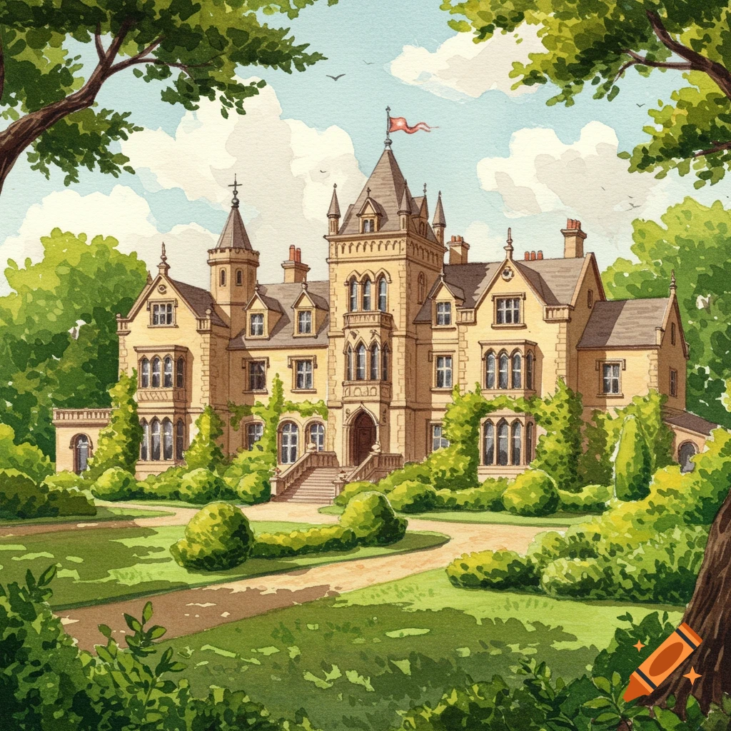 A watercolor painting of a large, elegant manor house with multiple turrets, surrounded by lush green trees and a manicured lawn with a dirt path.