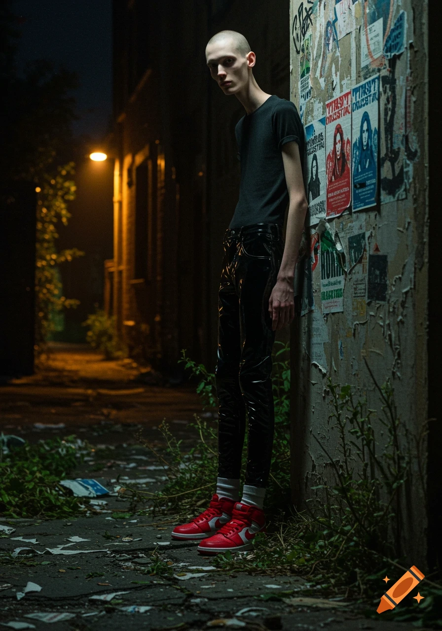 A very tall, extremely skinny young man with a shaved head, wearing a black t-shirt and glossy black pants with red sneakers, leans against a poster-covered wall in a dark, overgrown alley at night.