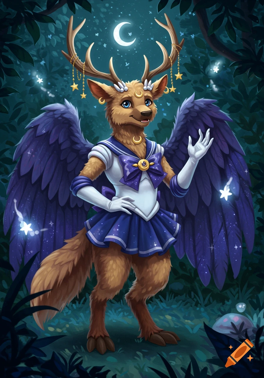 A winged, furry deer-like creature in a blue and white Sailor Moon uniform stands in a mystical forest under a crescent moon.