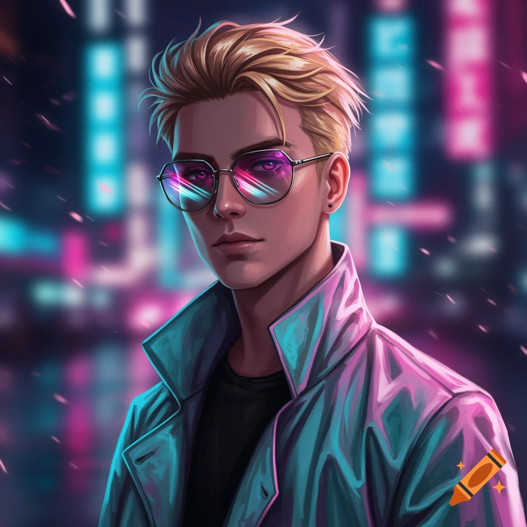 Anime portrait of a blond man with reflective sunglasses in a neon city at night.