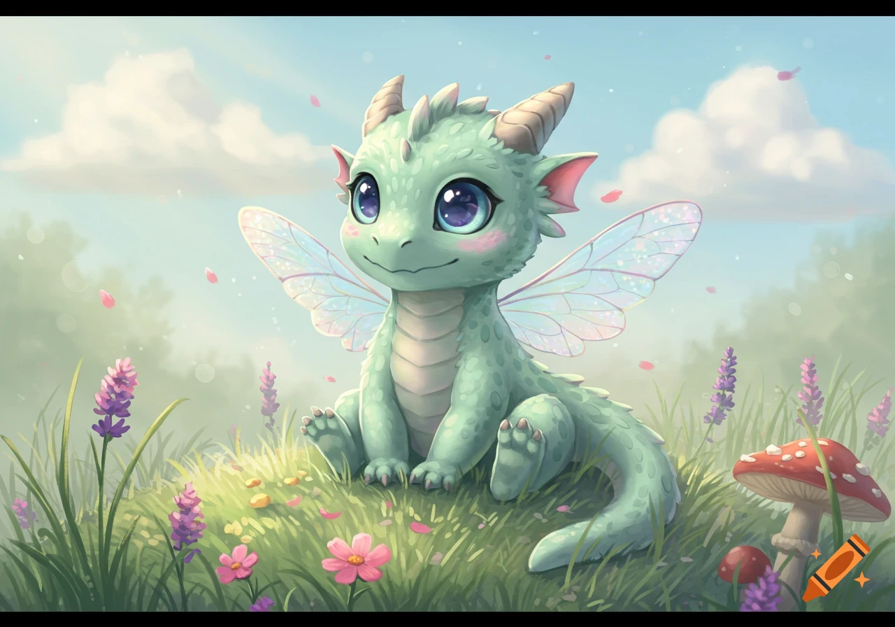 A cute mint-green baby dragon with sparkling fairy wings sits in a grassy field with purple and pink flowers under a blue sky.