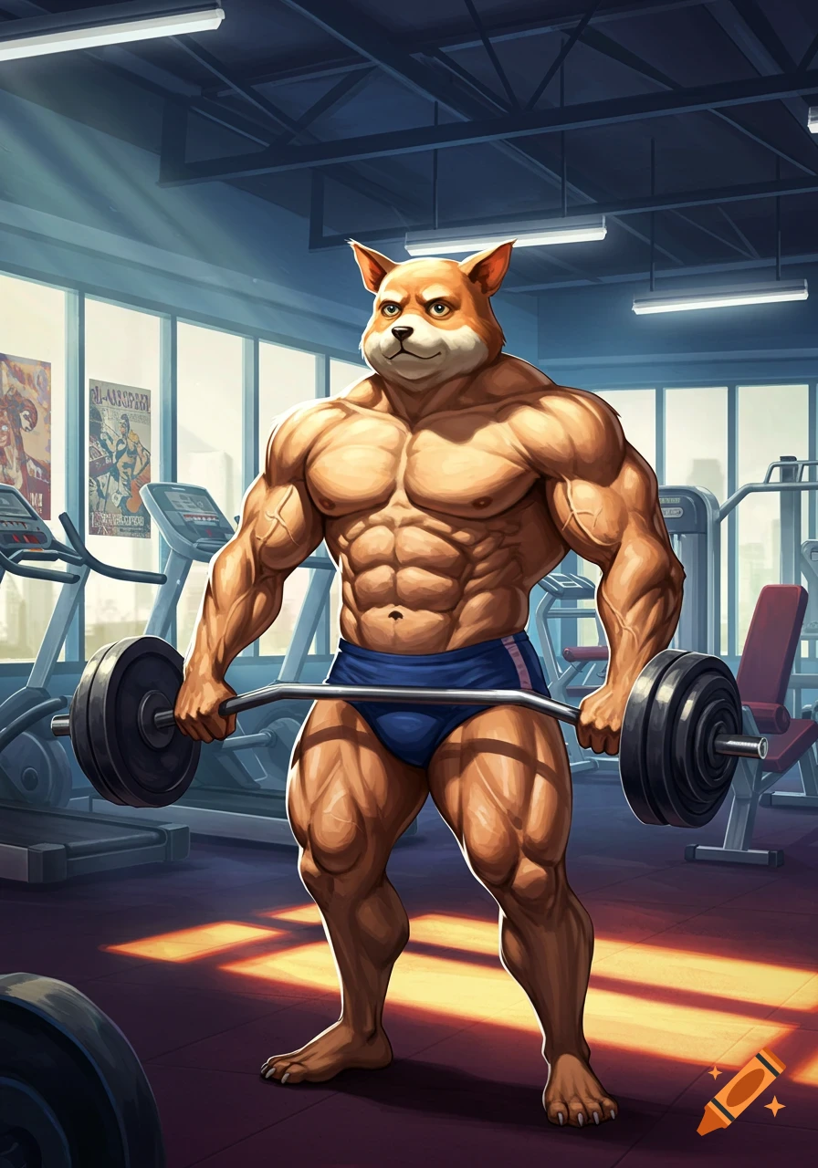 A muscular anthropomorphic fox in blue shorts stands in a gym, holding a barbell.