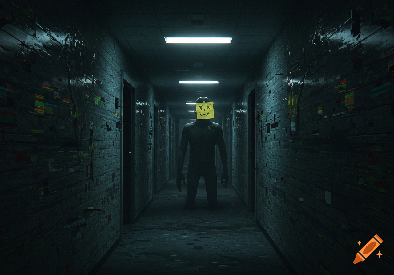 A dark, glitchy hallway with a shadowy humanoid figure wearing a yellow sticky note with a smiley face on its head.