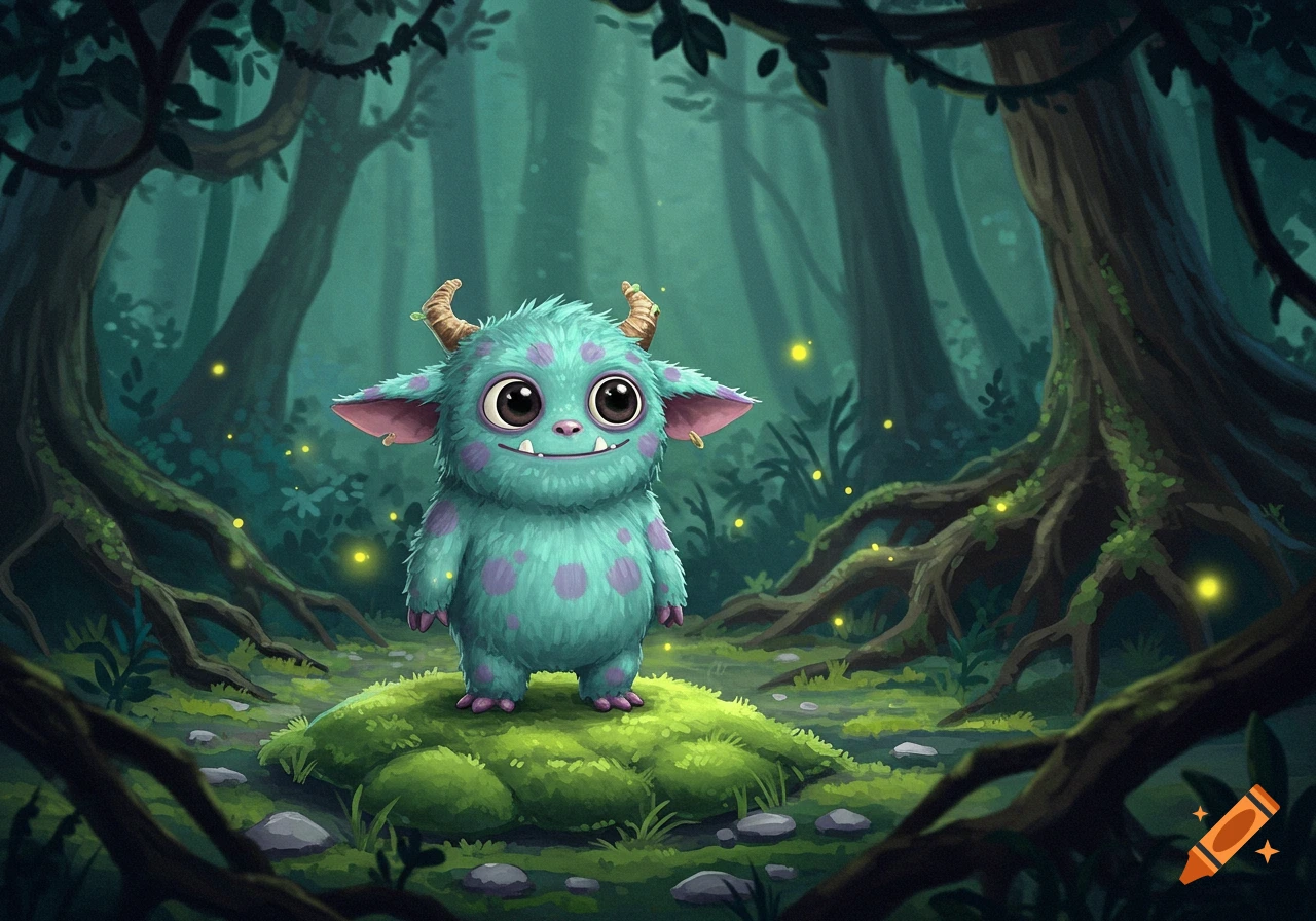 A cute, fuzzy teal monster with purple spots and horns stands in a dark forest with glowing fireflies.